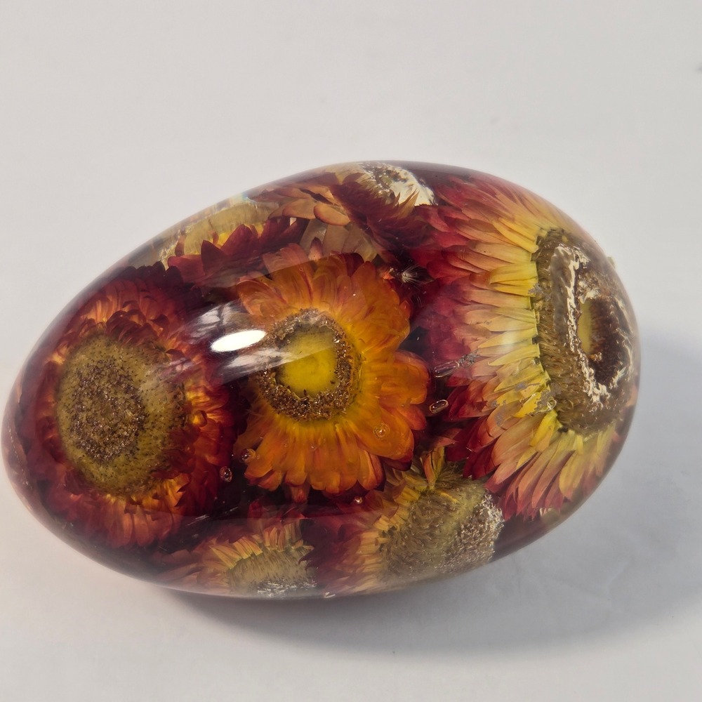 Vintage French Resin Egg Paperweight Real Dried Strawflowers Made in France 4.5"